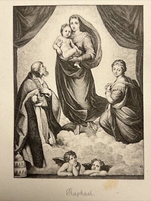 Raphael Santi Madonna Sistina Antiquarisch Kunstdruck 1876 Stahlstich Radierung