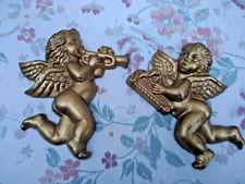 Vintage 1970's Cherub Angels Wall Hanging Decor Trumpet Harp Set Of 2 Gold Paint