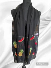 Vintage Tropical Embroidery Sequin Scarf Black Shawl Fruit Beaded Mother’s Gift