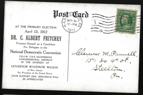 1912 Woodrow Wilson Dr Fritchey 18th District PA Coattail Prez Campaign Postcard - 第 1/2 張圖片