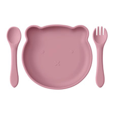 3PCS Silicone Baby Dishes Soft Spoon Fork Cartoon Bear Plate Suction Lunch Box S