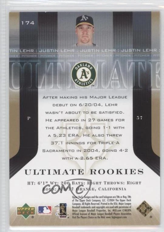 2004 Upper Deck Ultimate Collection Rookies Gold /50 Justin Lehr #174 Rookie RC - Image 2 of 2
