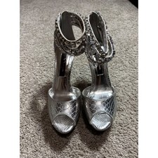Nina New York Stevi-YY Silver Snakeskin Crystal Ankle Strap Peep Toe Heels