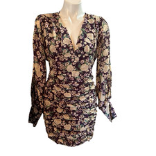 HYFVE M Purple Floral Long Sleeve Ruched Dress V-neck Cottagecore Peasant Sexy