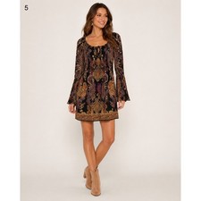 Boston Proper Dress size 12 Black Paisley Boho Hippie Flare Sleeve Dark Romantic