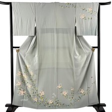 Japanese Silk Houmongi Kimono M 161cm Grayish green Branch flower Excellent 3025