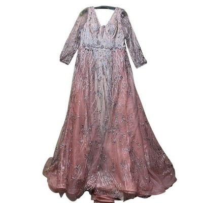 Lara Rose Pink Embroidered Sequin V-Neck Long Sleeve Tulle Gown Size 12