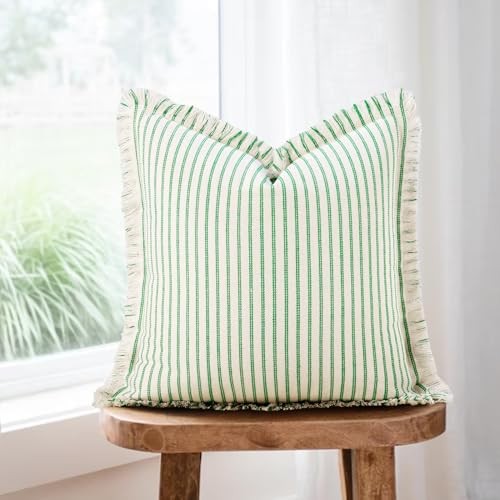 Throw Pillow Covers 20x20 Set of 2 Green Striped Pillow Covers with Fringe - Picture 5 of 7