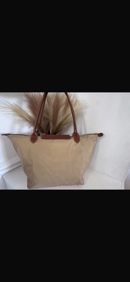 LONGCHAMP Beige Canvas Leather Tote Bag Zip Snap Logo Gold HW Brown Handles, photo 4 of 5