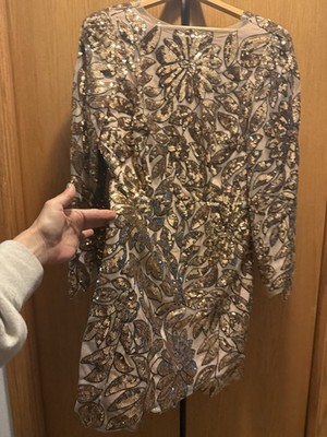 Milly Women s Gold Nude Floral Sequin Mesh Sheath V-Neck Long Sleeve 12