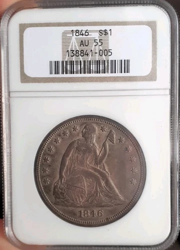 1846 SEATED LIBERTY SILVER DOLLAR  AU-55 NGC