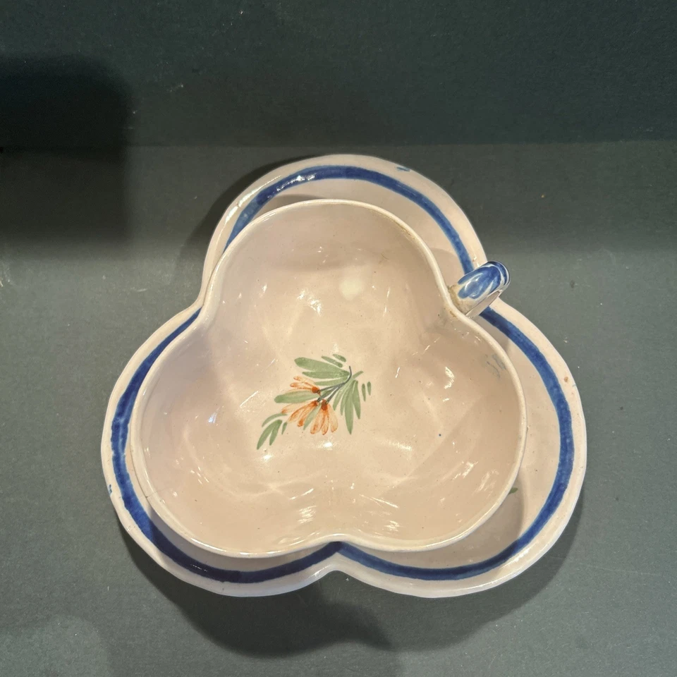 Antique Henriot Quimper Trefoil Shape Hand Painted Faience Cup & Saucer - Image 2 of 4