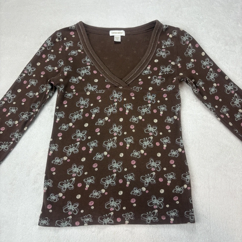 Vintage 00s Limited Too Babydoll Top Girls 12 Brown Pink Butterflies V Neck Y2K - Image 2 of 4