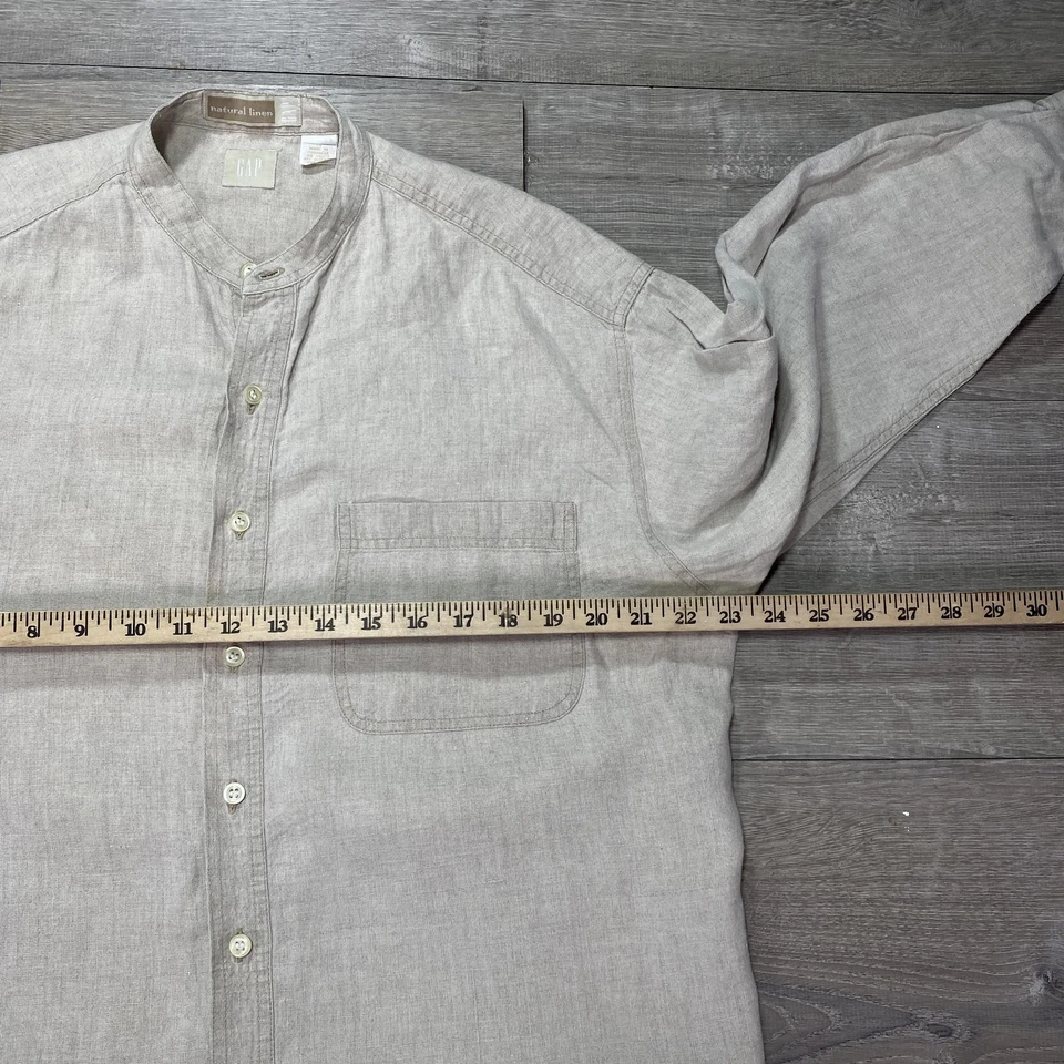 GAP Linen Shirt Mens Medium Beige Band Collar Long Sleeve Button Made Portugal - Image 4 of 4