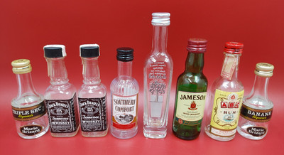 8 Empty Mini Liquor Bottles Assorted Glass & Plastic Jack Daniel's & More