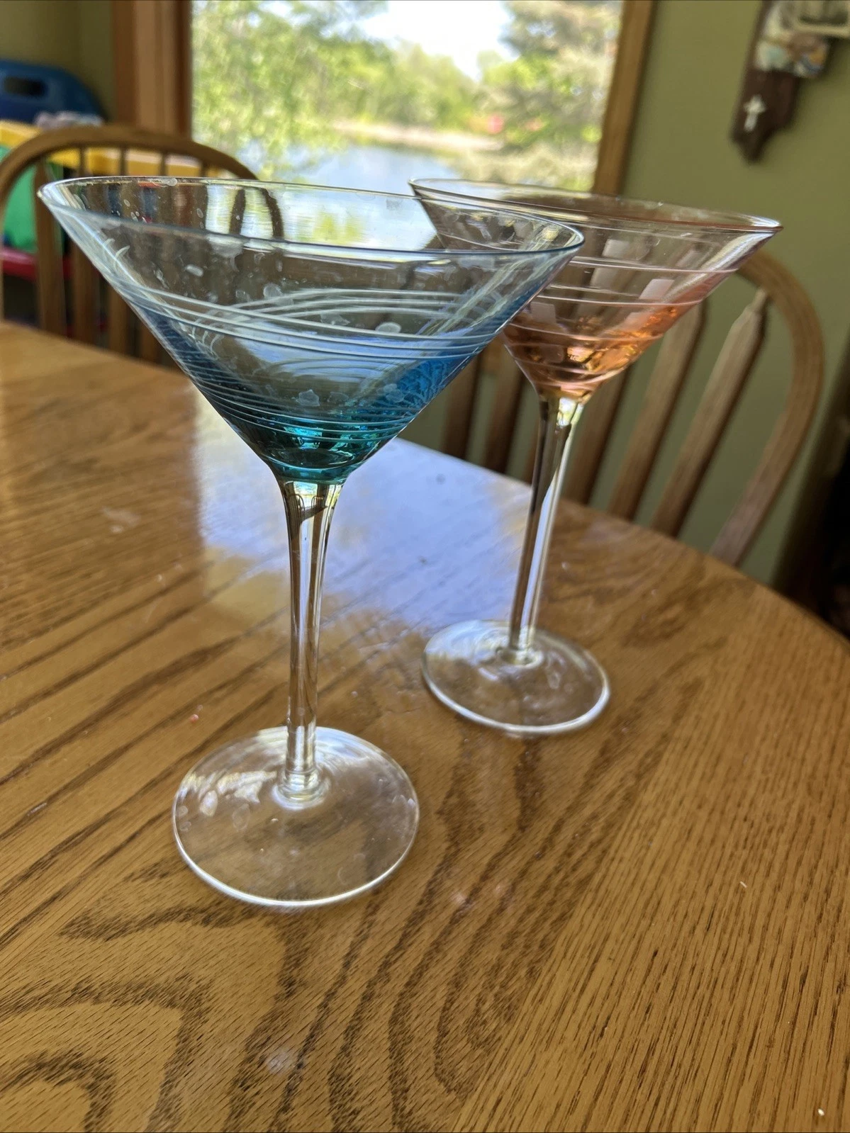 Beautiful Etched Martini 7 1 2” Glasses Blue And Orange Amber Set Of 2