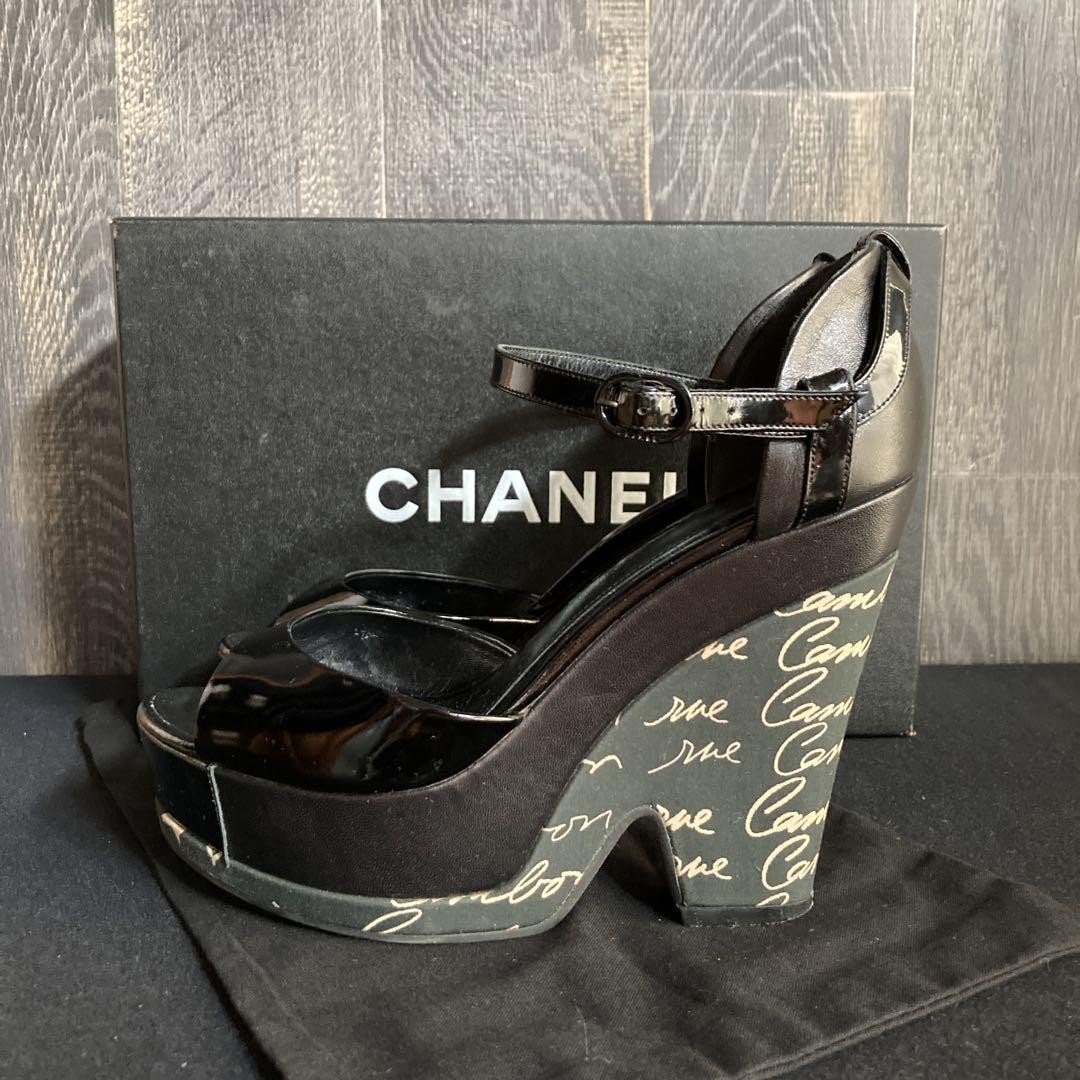 Chanel Black Leather Wedge Sandals with Ankle Strap Size 36 US