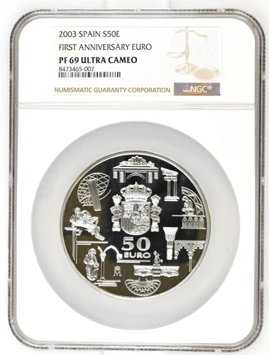 2003 Spain 50 Euros First Anniversary of the Euro Silver NGC PF 69 ULTRA CAMEO