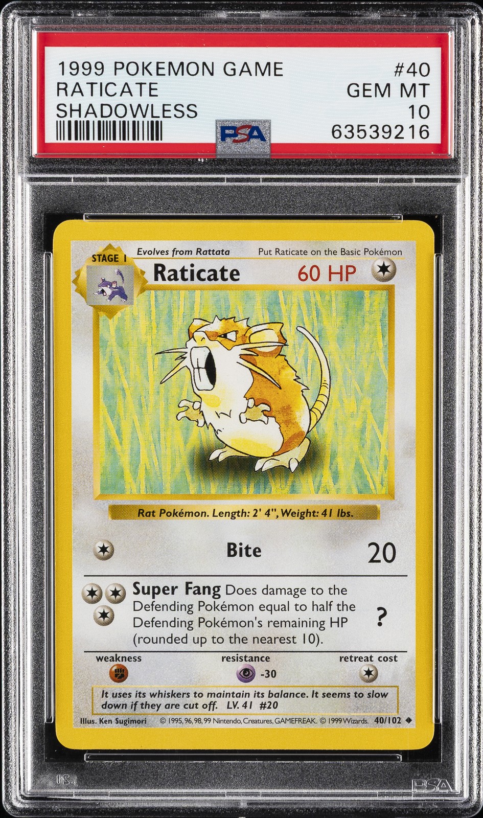 1999 POKEMON BASE SET SHADOWLESS #40 RATICATE PSA 10