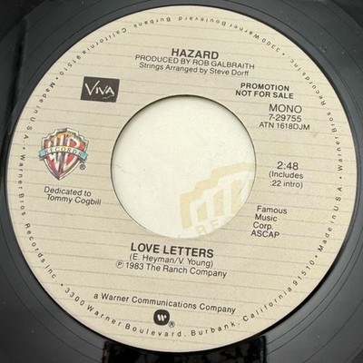 Hazard Love Letters 45 Vinyl 80s Pop Promo Warner Brothers Mono