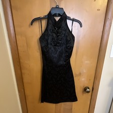 Forever Black Satin Floral Cheongsam Sleeveless Mandarin Neck Dress L