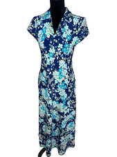 Vtg N.O.E. Floral long dress flowers blue Size S Polyester v-neck Short sleeve