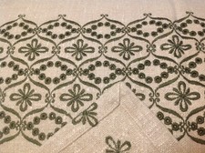 Ancienne belle nappe toile épaisse lin écru broderie ajourée vert bronze