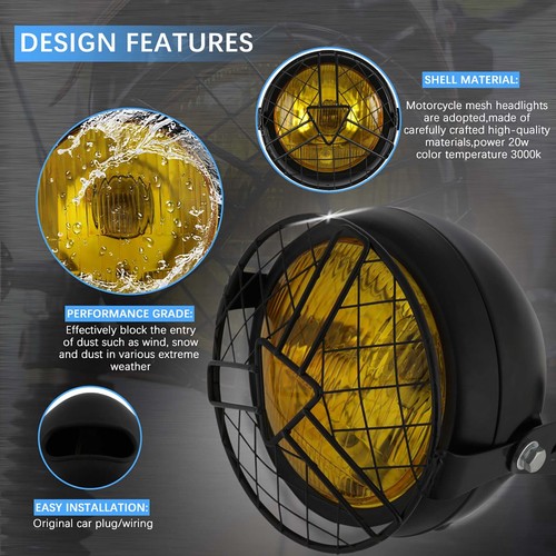 Faro redondo retro para motocicleta de 6,5" con soporte + rejilla amarilla inclinadas para Harley - Imagen 6 de 10