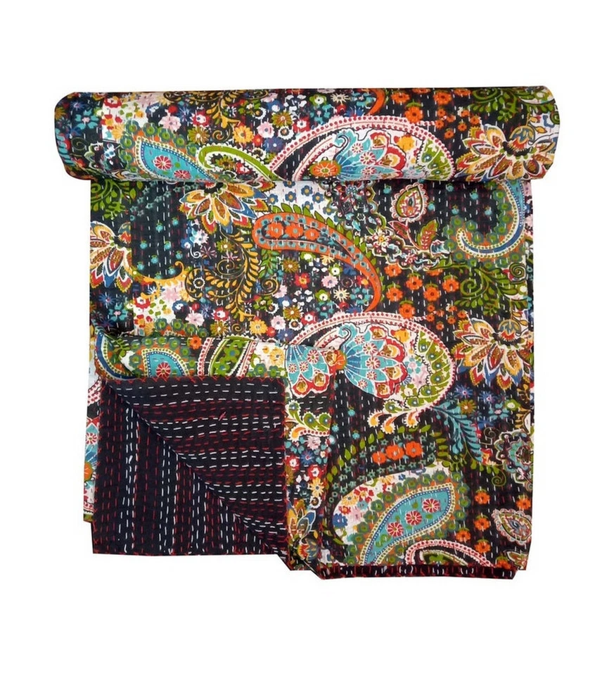 Colcha edredón Kantha de algodón con estampado floral indio tamaño cama doble Foto 3 de 4