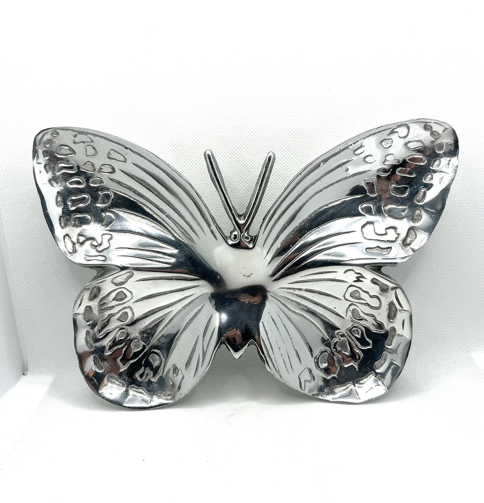 Mexican Pewter Butterfly Tray Trinket Candy Serving Dish Signed, vintage trinket box