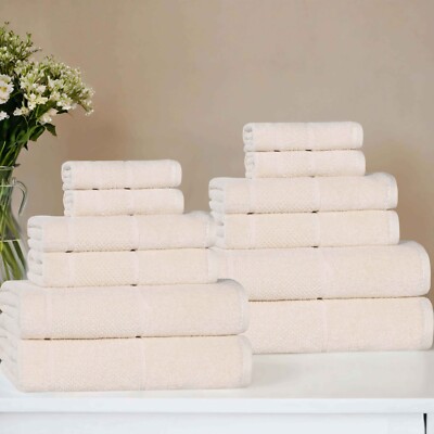 Mile Smart Twist Cotton Medium Weight Solid Thick Border 12 Piece Towel Set