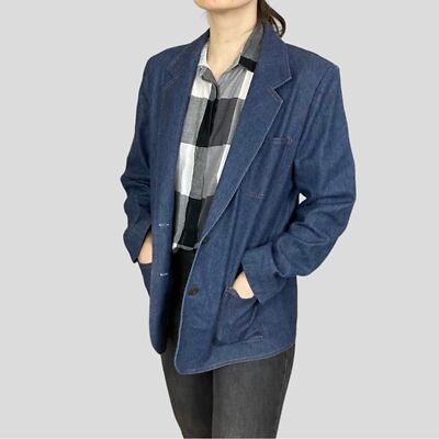 Vintage Denim Blazer Jacket Women Blue Jean Suit Button Up Lapel Casual Koret