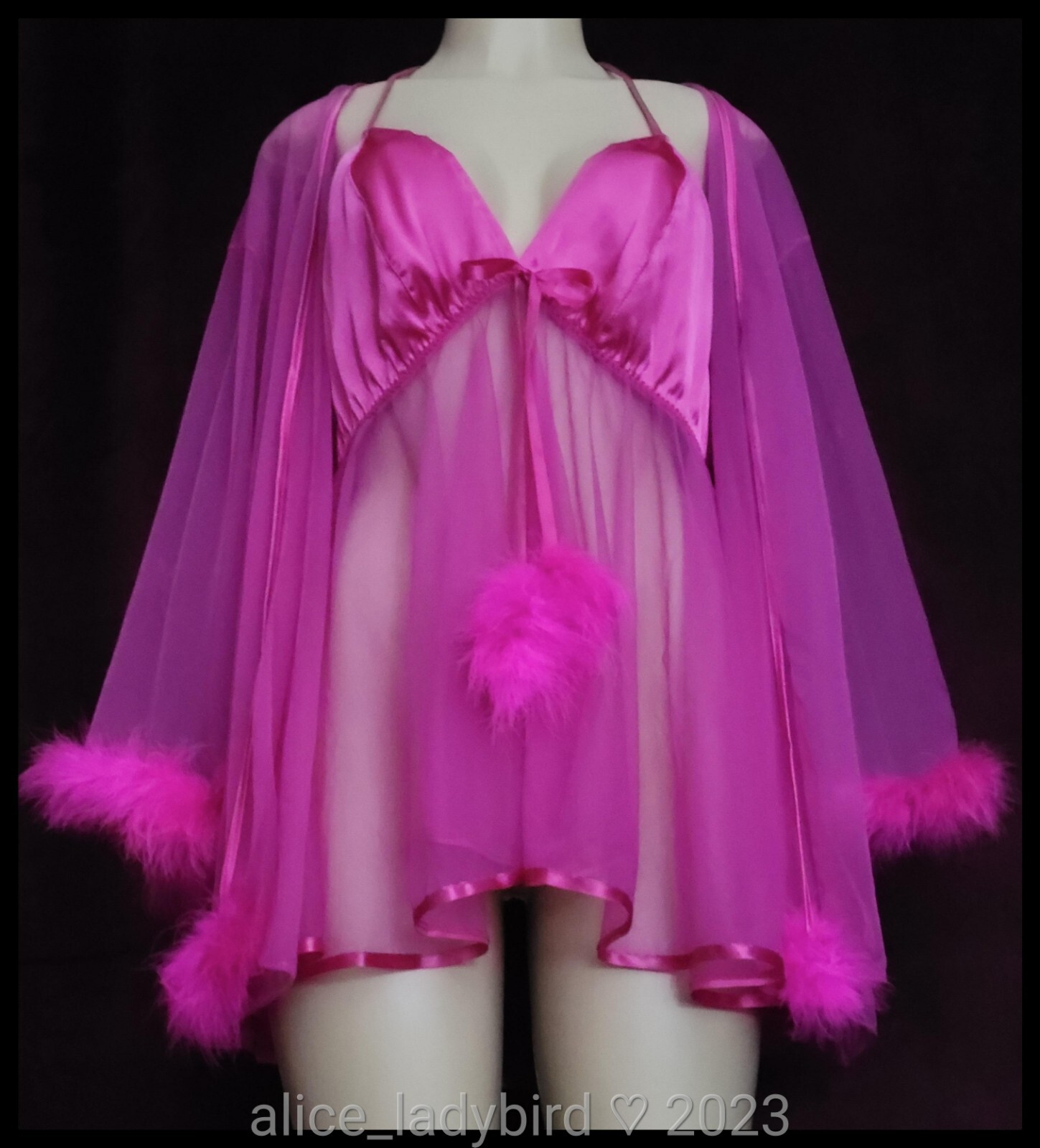 2pc Marabou POMPOM Vintage SHEER Nylon CHIFFON Babydoll GOWN SET Plus
