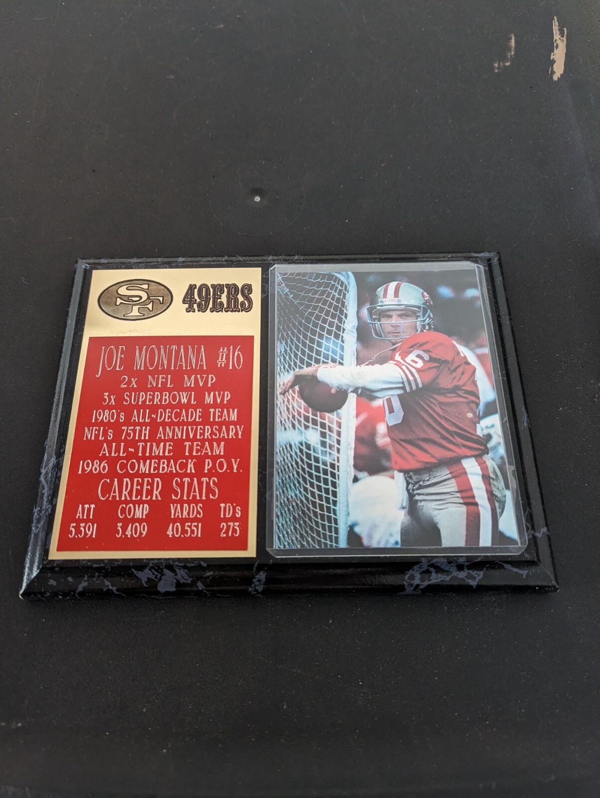 Joe Montana Vintage Sports Plaque 6x8 with photo and stats