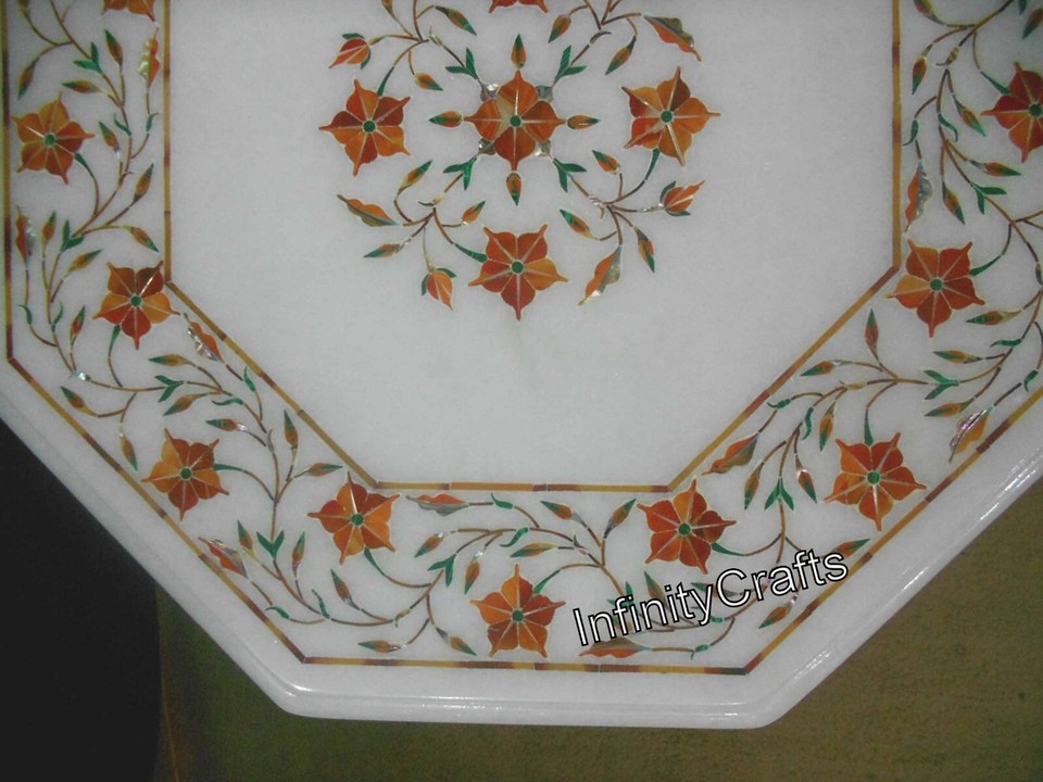 Carnelian Stone Coffee Table Top with Inlay Work White Marble Patio