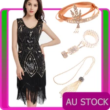 Deluxe Ladies 20s 1920s Roaring Flapper Costume Sequin Gatsby Black Fancy Dress