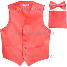 New Men's Vesuvio Napoli Tuxedo Vest Bowtie Hankie set prom party Coral