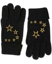 Jenni Women's Embroidered Knit Gloves, Black With Golden Stars, One Size