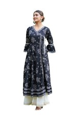 Yash Gallery Women's Rayon Floral Printed Anarkali Black Kurti