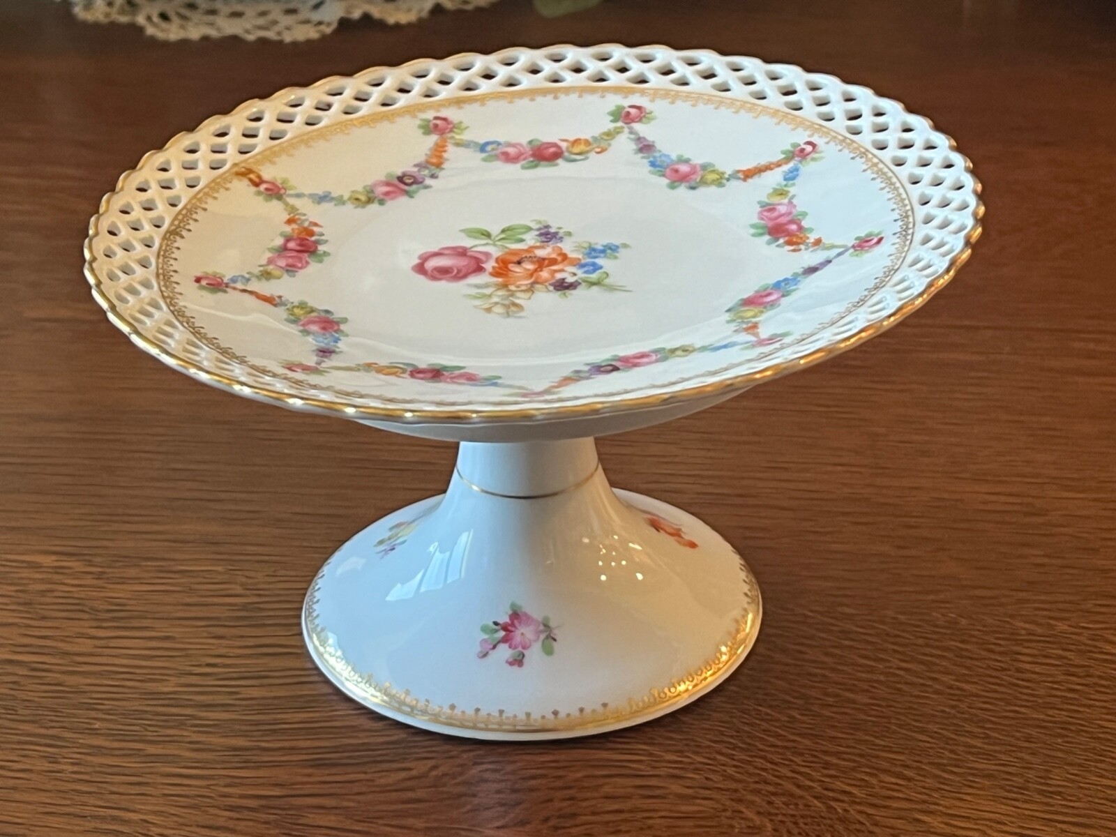Schumann Porcelain Pierced Pedestal Footed Plate Compote Floral Bavaria Dresden