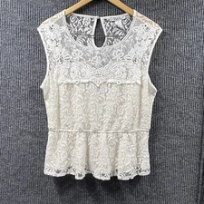 PINKY Shirt Women XL Blouse White Lacey Keyhole Back Fairy Cottagecore Dressy