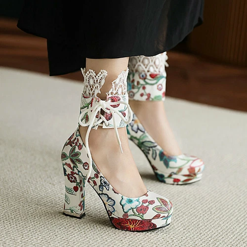 Scarpe da sposa donna stampa retrò punta rotonda pizzo tacco spesso tacco super alto - Foto 12 di 17