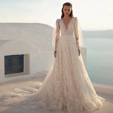 A-line Wedding Dresses V-neck Puff Long Sleeves Lace Applique Bride Gowns Custom