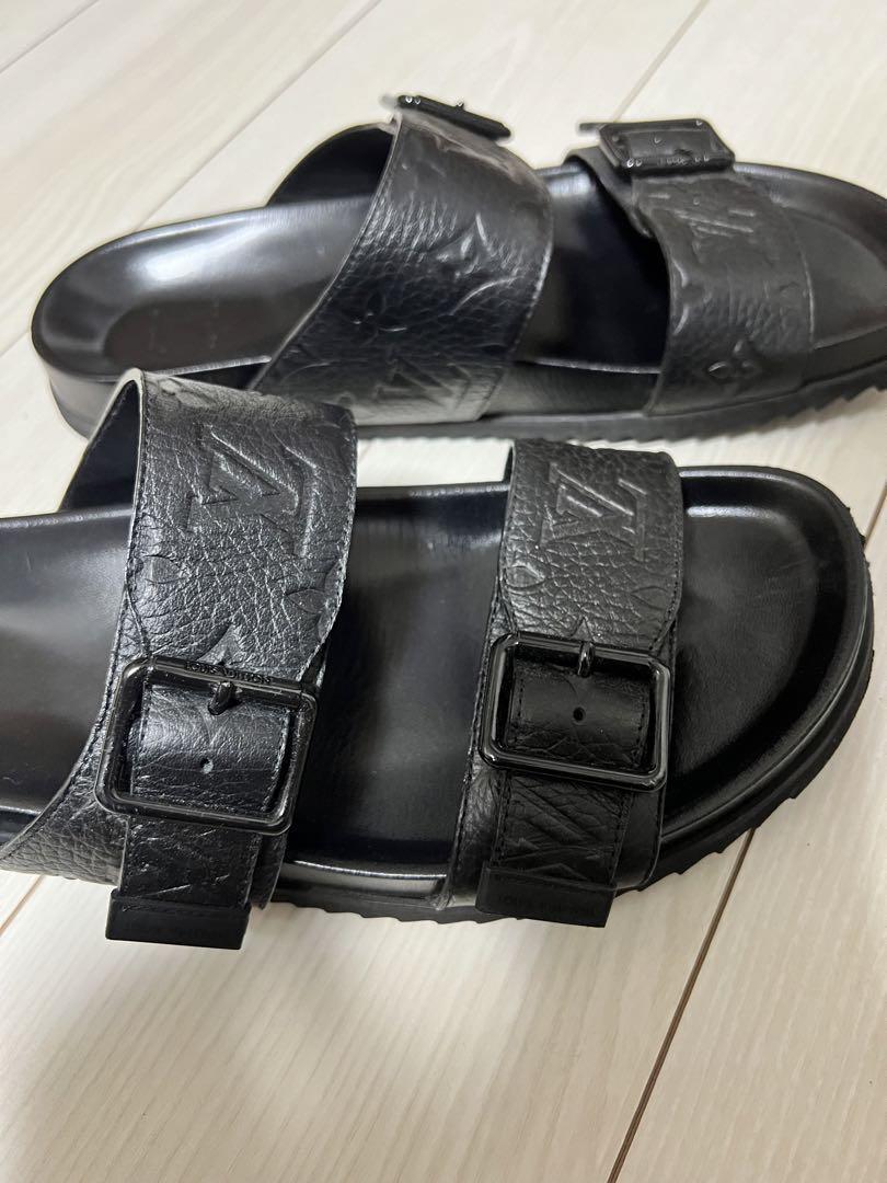 Louis vuitton Men's Sandals FLAT LV Black US 9.5 EU 42.5 Authentic