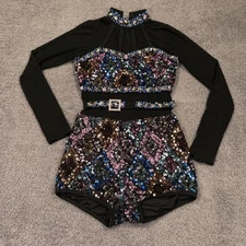 Glamour Costumes Sequin Dance Leotard Youth Large Long Sleeve Belted Performance