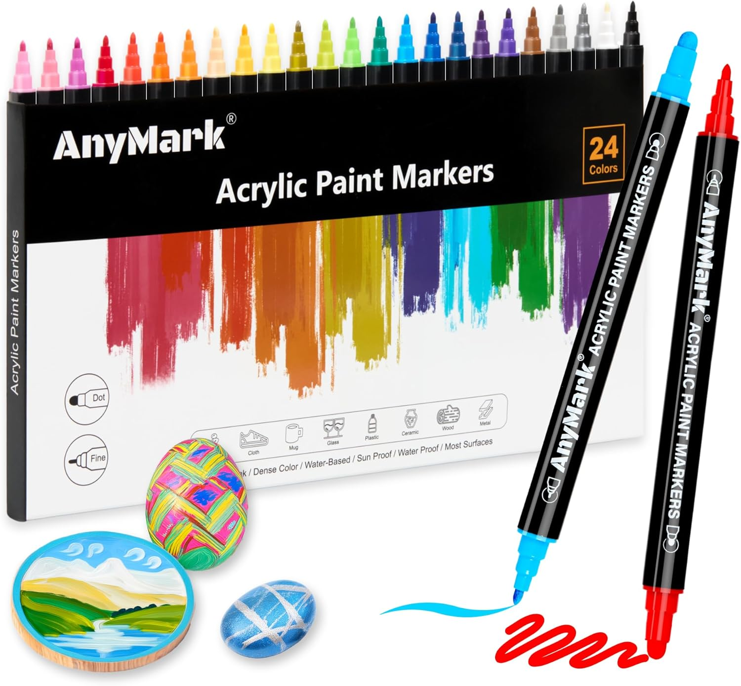 24 Dual-Tip Acrylic Paint Markers in 24 Vibrant Colors for Stone & More