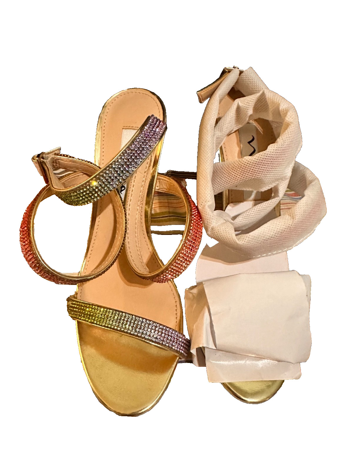 Sandalias Nina VARENA-Y 6,5 M Dorado Arco Iris Estrás Tacones con Tiras Nuevas en Caja