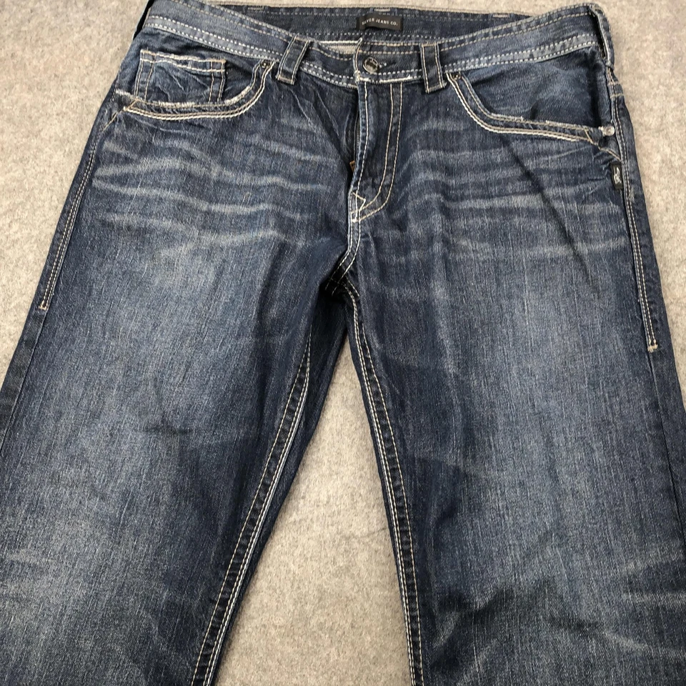 Pantalones de mezclilla plateados para hombre 36x34 azul Gordie relajados rectos elásticos Foto 4 de 4