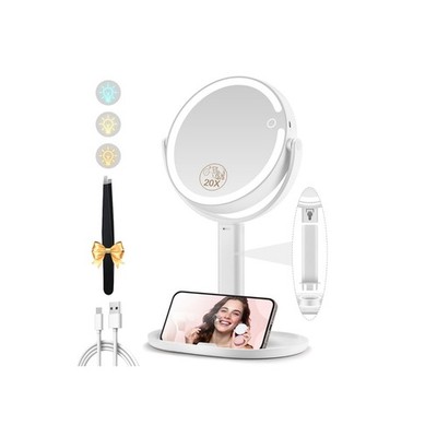 Illuminated Double-Sided Makeup Mirror 1x/20x Magnification, 3 Color Lights, 360