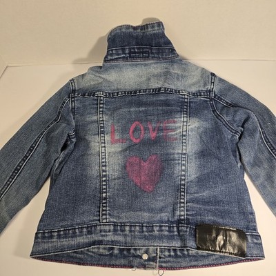 DKNY Kids Blue Denim Jacket with Pink Love Design, Handpainted Size Small Girls